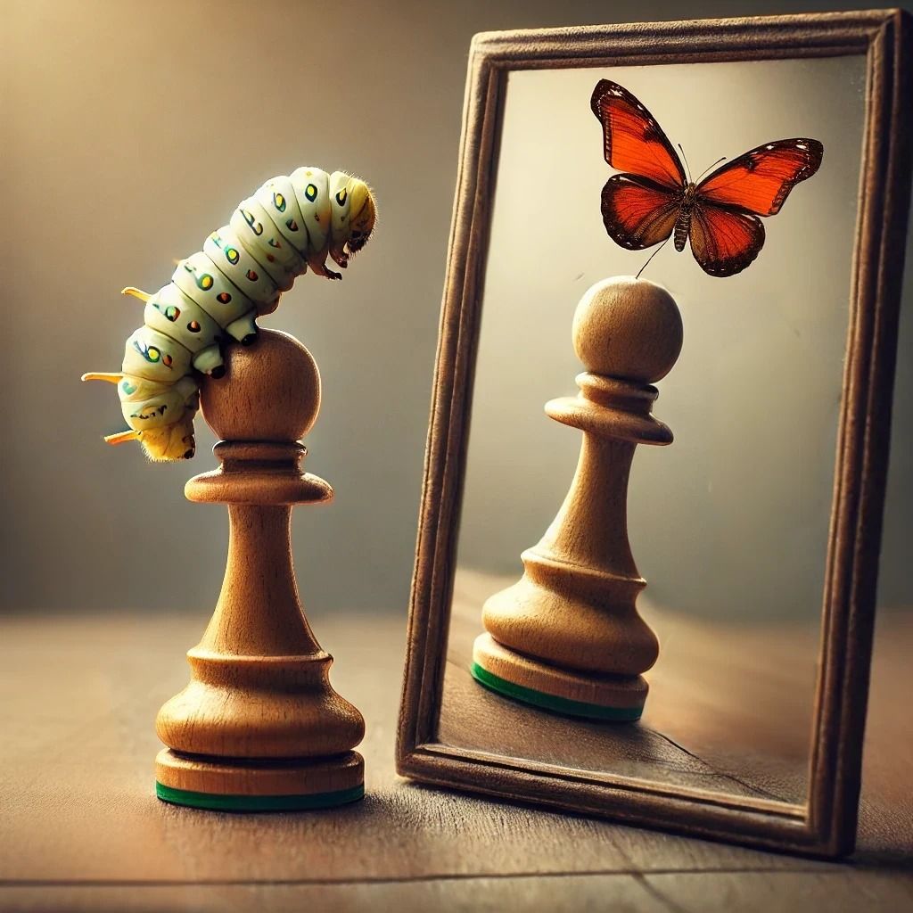 Un bruco che guarda se stesso allo specchio scoprendo il proprio potenziale di farfalla, come per l'essere umano. Ogni persona in sé ha un potenziale biologico e personale che necessita di essere visto per esprimerlo nel suo massimo e realizzare se stesso.